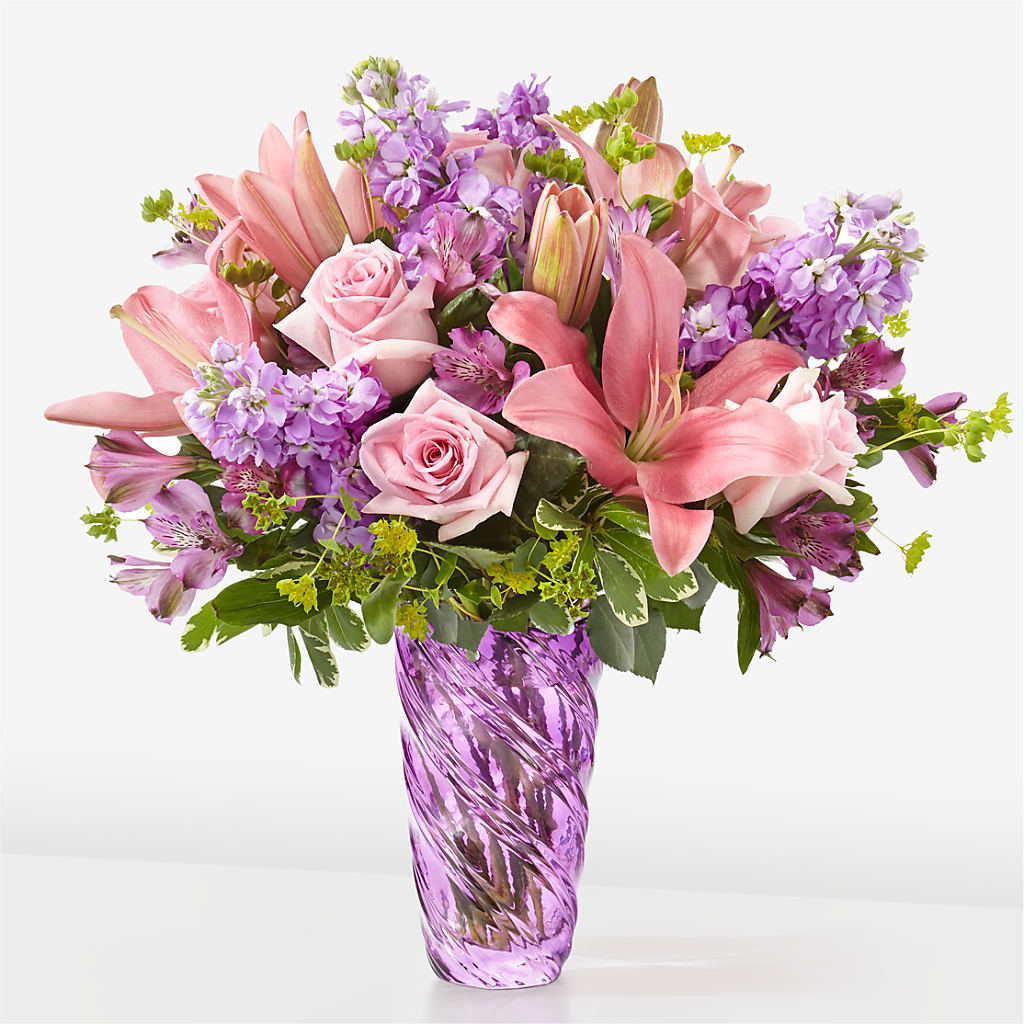 Precious Petals Bouquet with Luxe Swirl Vase – Brownsville Premiere Florist, Brooklyn NY